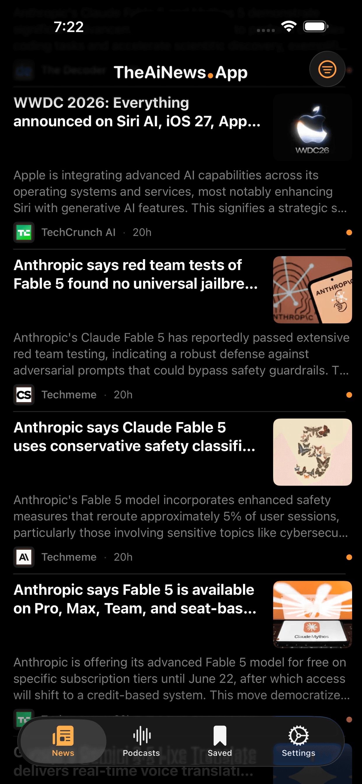 TheAiNews.App on iPhone in dark mode